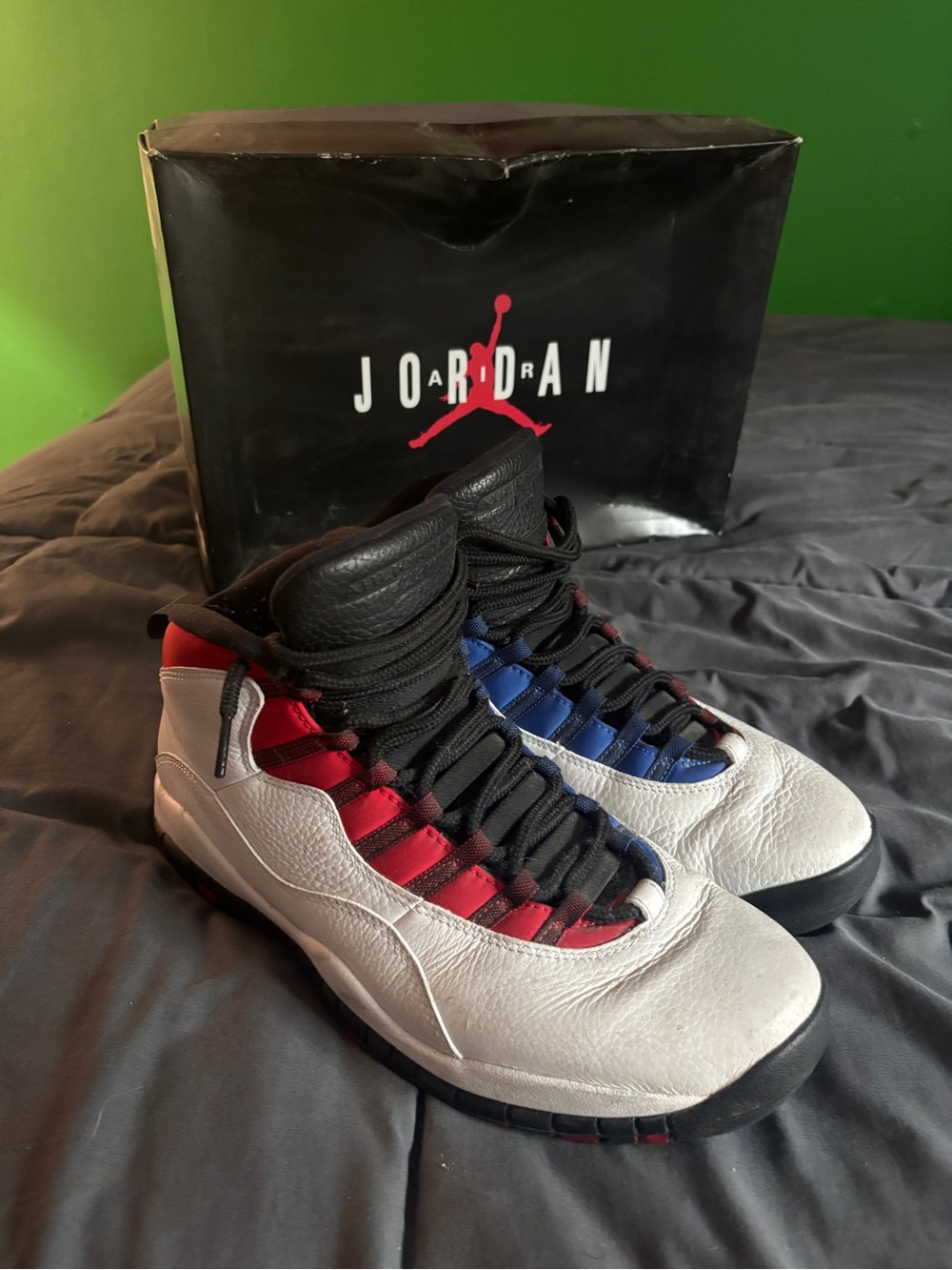 Jordan 10s Men's High-Top Sneakers - White with Red & Blue Accents
